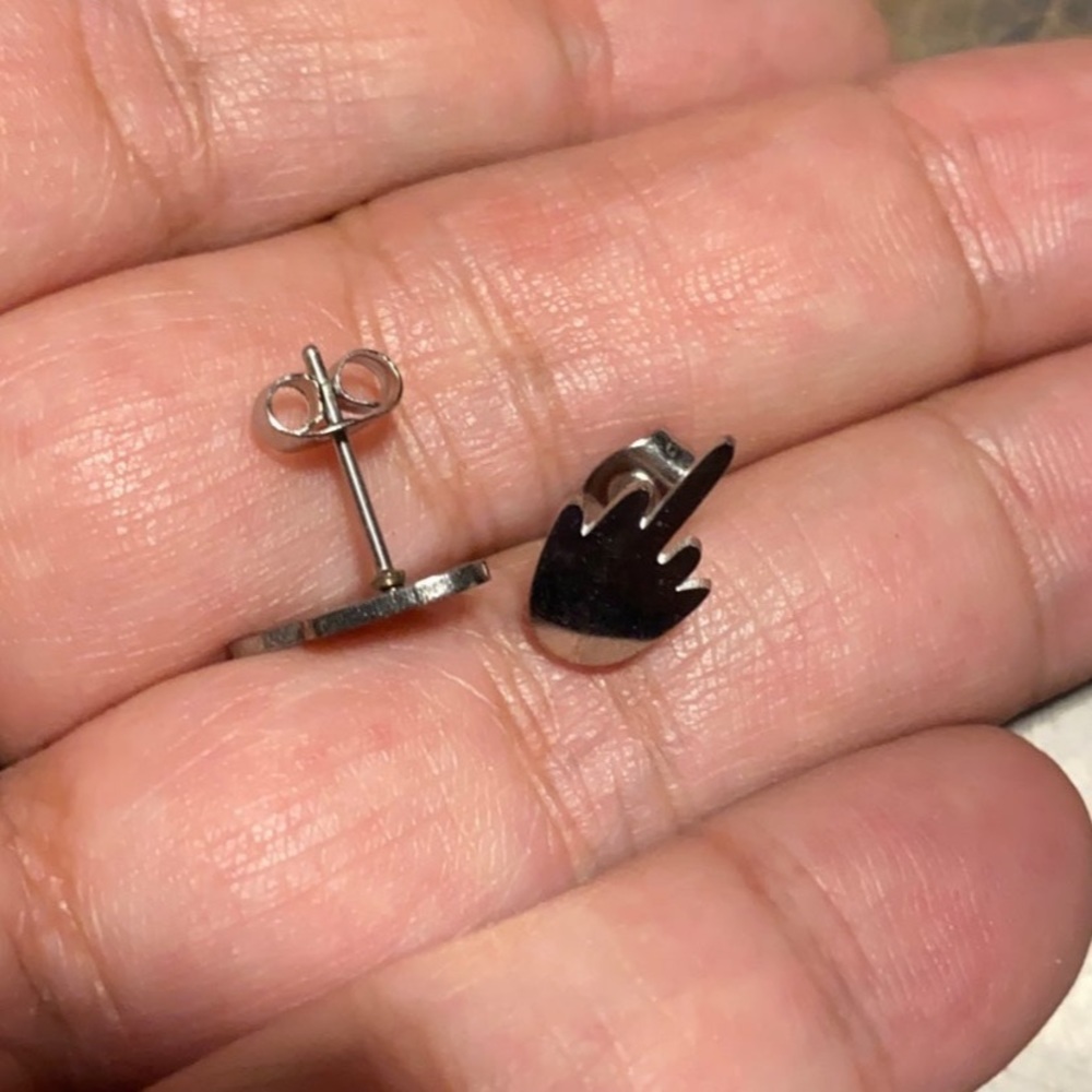 Middle finger up F you F U earrings studs pierced surgical steel piercing NEW - Picture 2 of 9